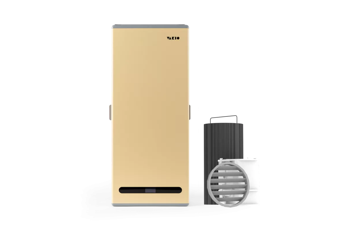VAKIO RECUPERATOR BASE — бежевый корпус с наружной решёткой и канальным узлом