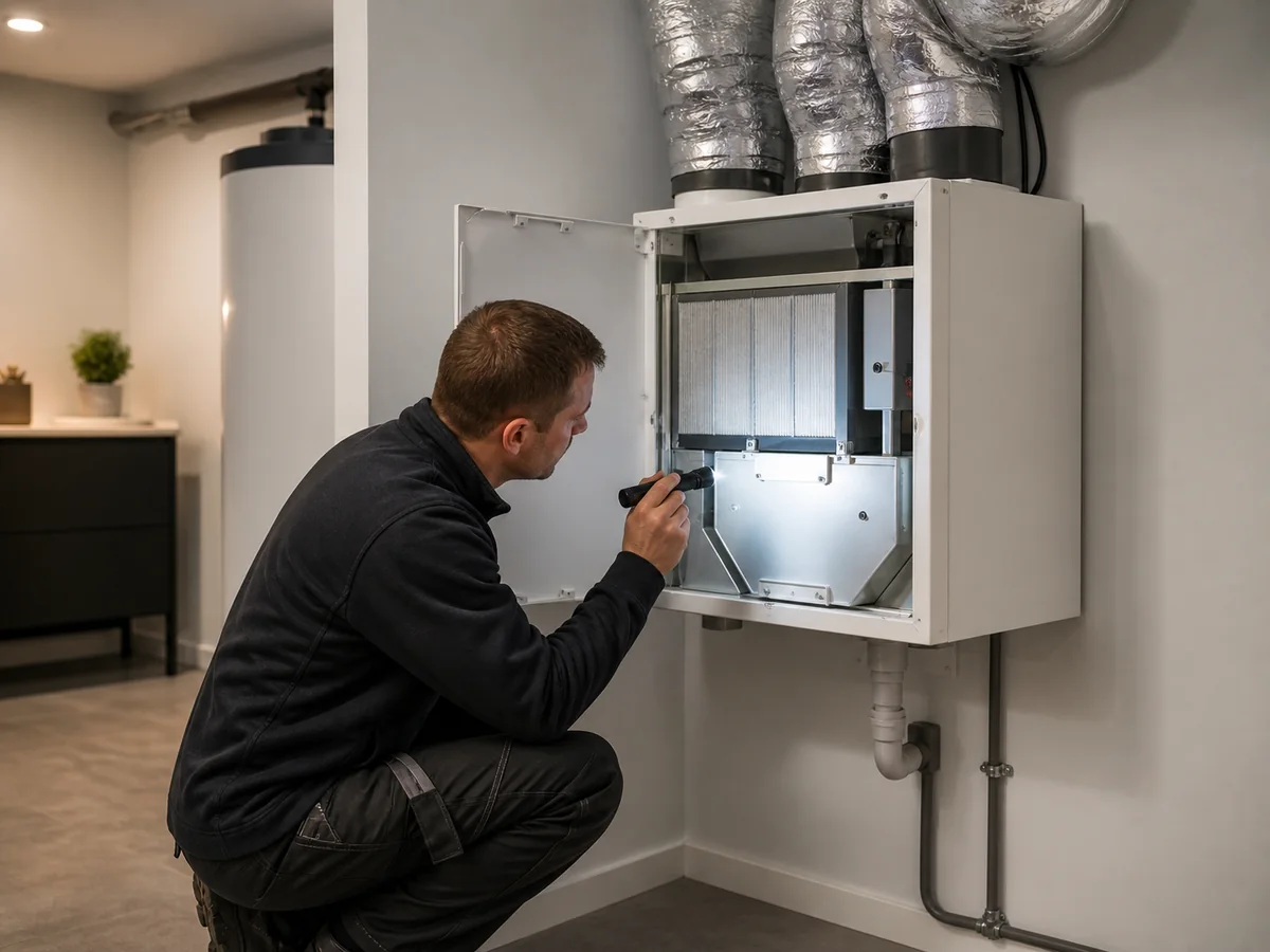 Сервисный доступ к вентиляционной установке Инженер обслуживает вентиляционную установку в доступной технической зоне частного дома